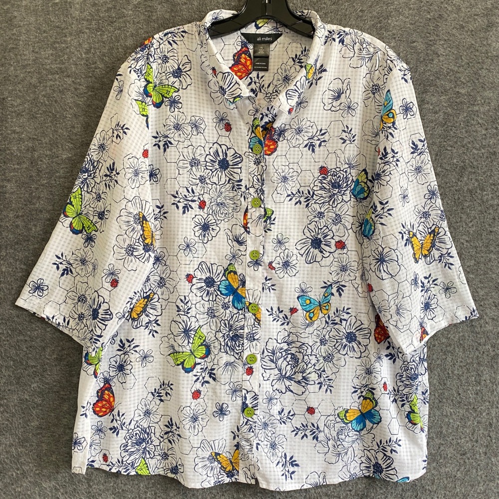 Ali Miles Top Womens XL White Floral Butterfly Ladybug Button Up Shirt Coastal
